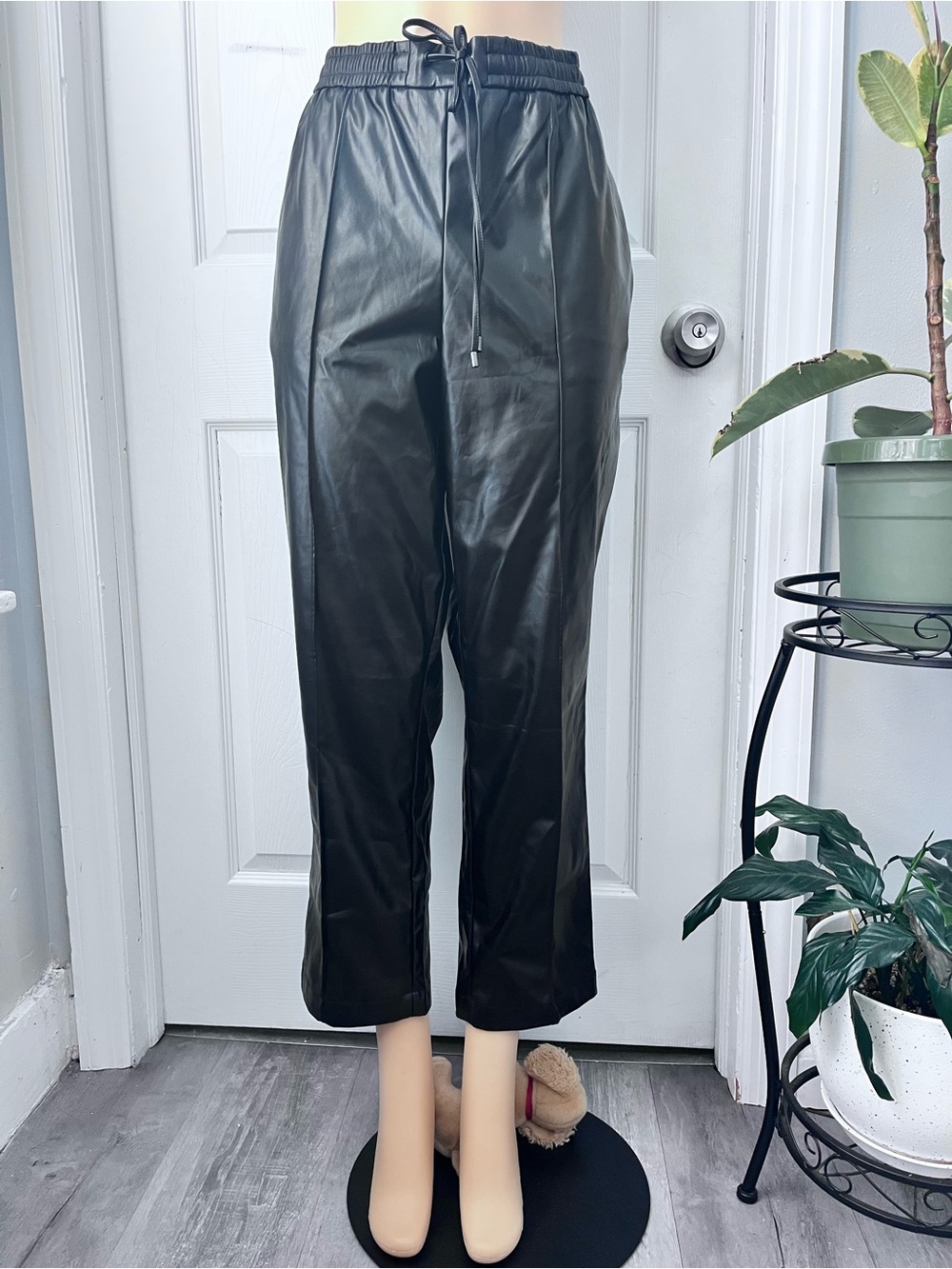 Nine West Black Faux Leather Drawstring Jogger Pants